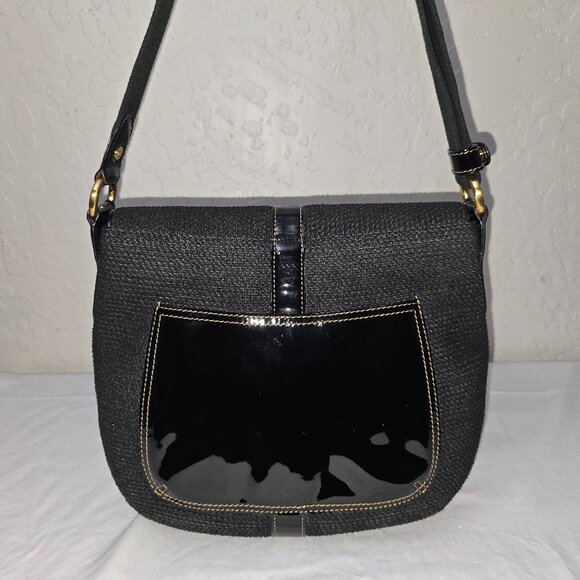 Eric Javits Medium Black Squishee Straw And Patent Leather Flap Crossbody Bag - Picture 5 of 15